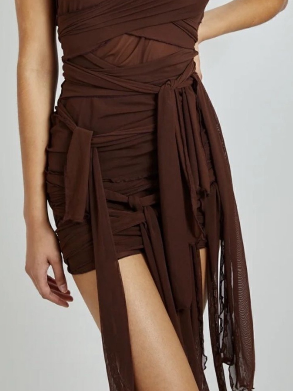 Kim Shui Mesh Wrap Tie Chocolate Brown Convertible Mini Skirt Size Medium